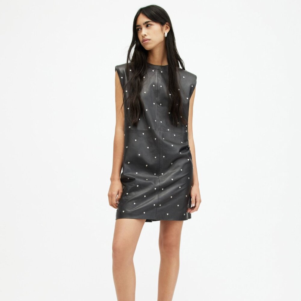 All Saints Mika Leather Heart Studded Mini Dress